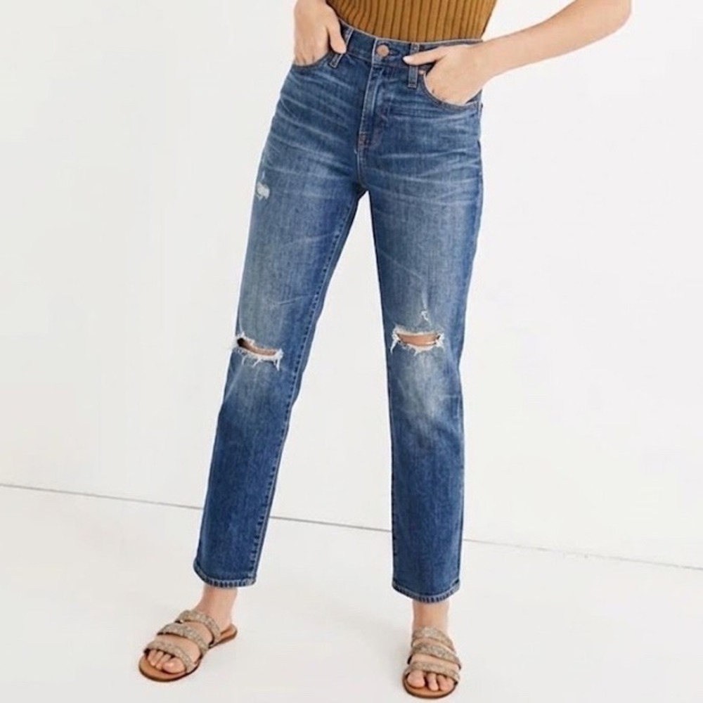 Madewell |The Slim Boyjean Blue Distressed Ripped Denim Size 30